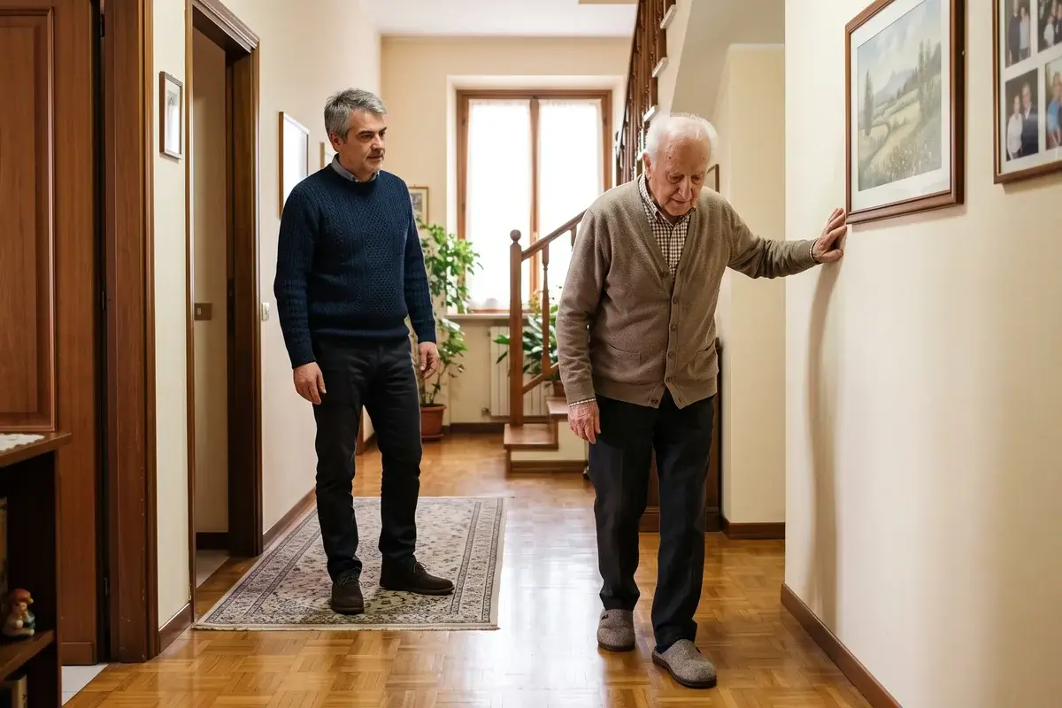 Anziano che cammina in casa appoggiandosi al muro