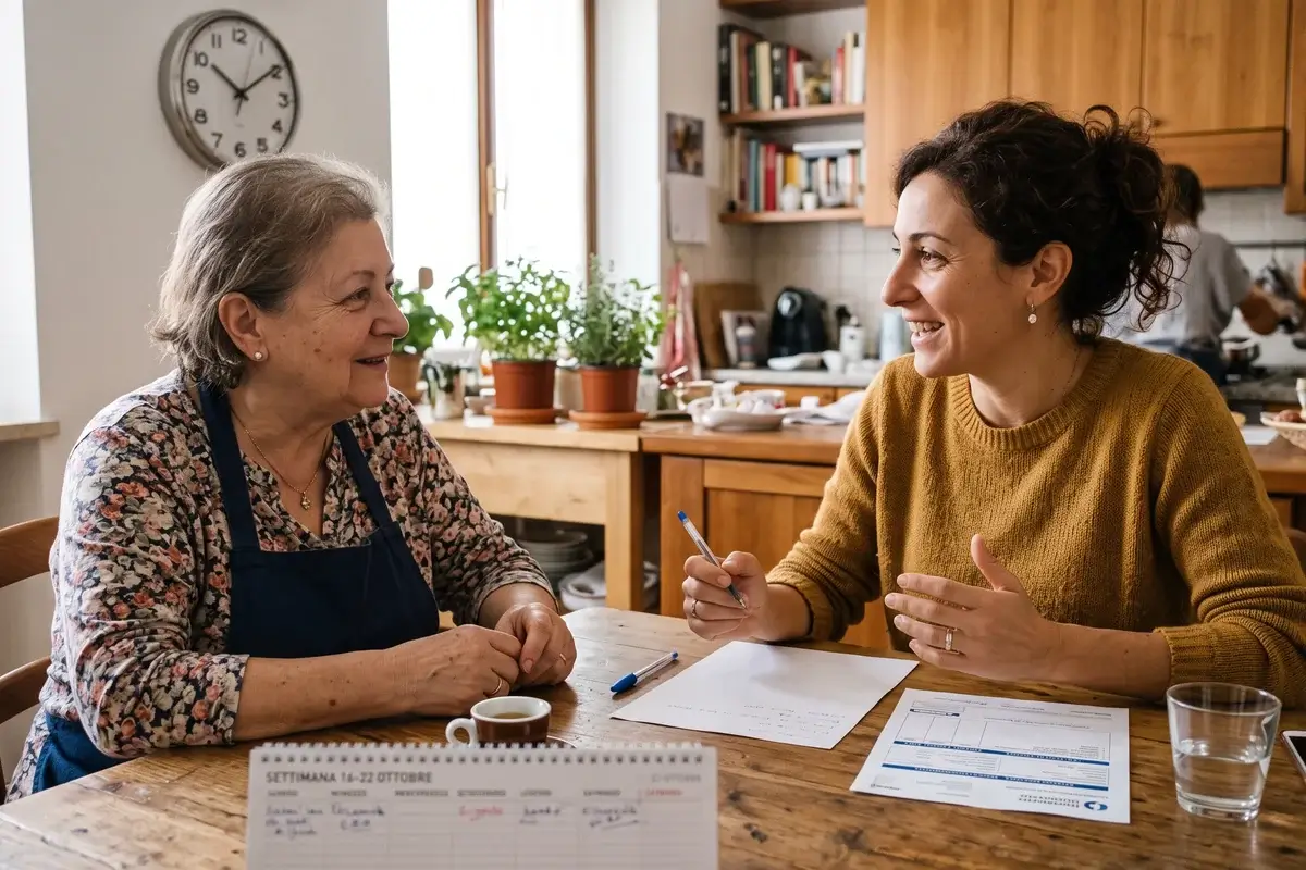 Famiglia e lavoratrice domestica verificano gli elementi del contratto