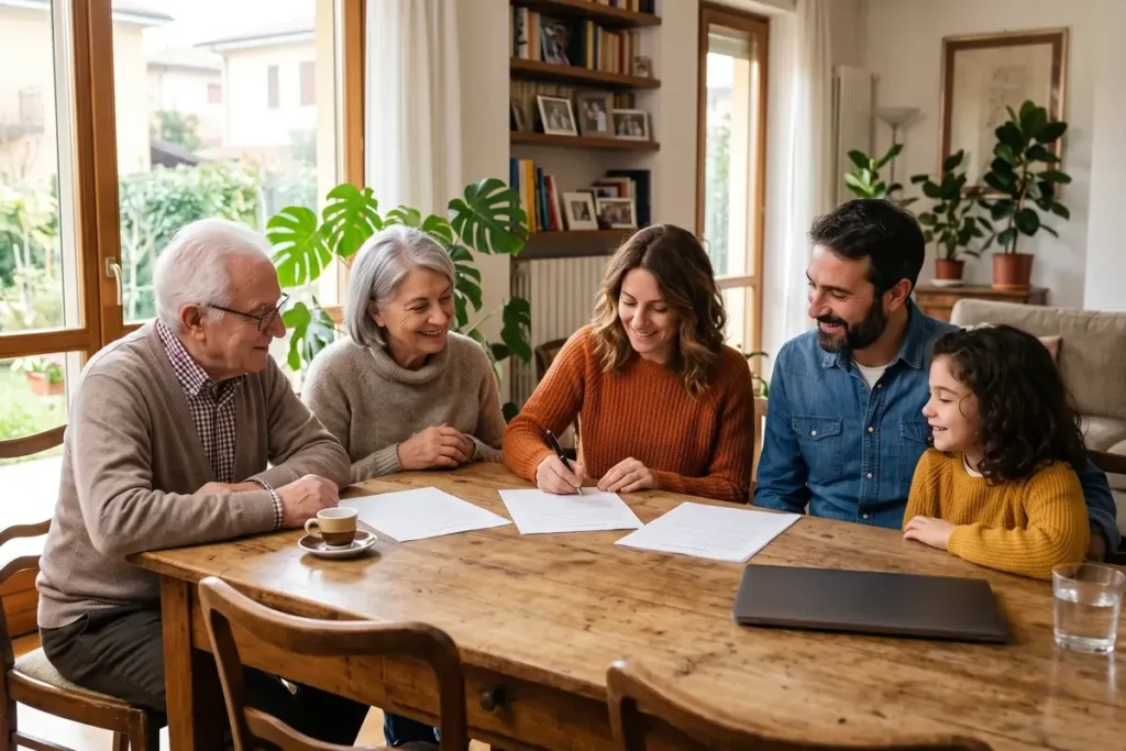 Famiglia e badante consultano il contratto di lavoro domestico