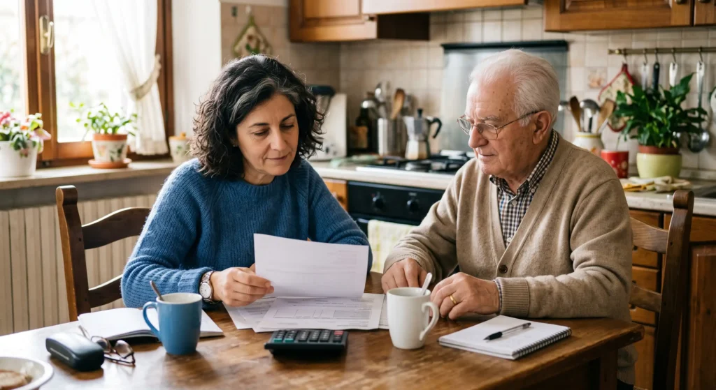 Famiglia che valuta il costo dell’assistenza domiciliare per un genitore anziano
