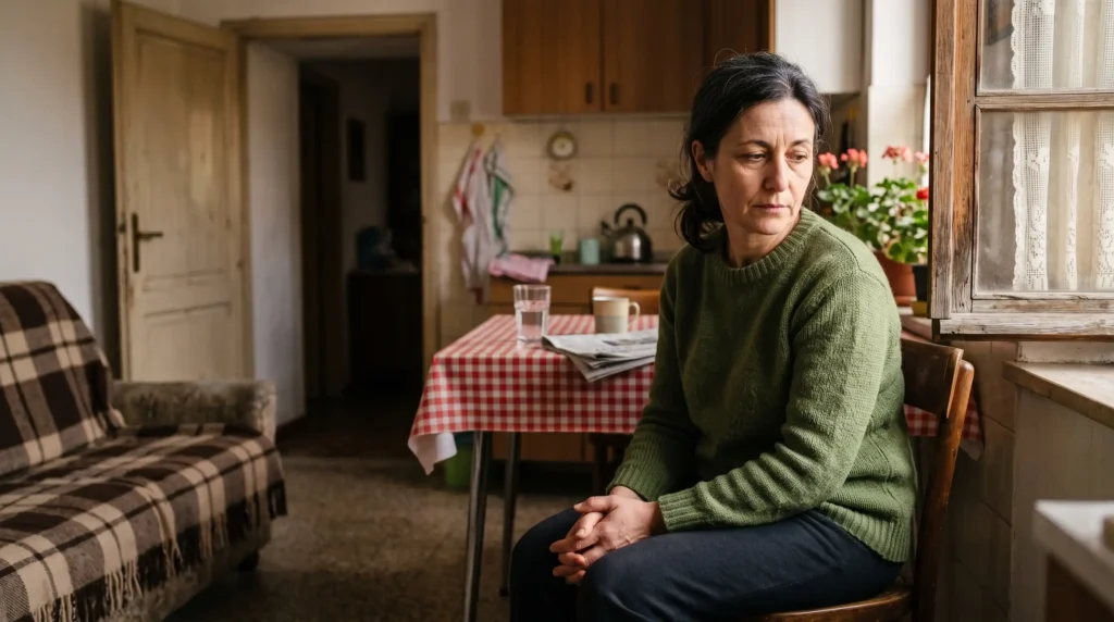 Caregiver familiare si concede un momento di pausa dopo ore dedicate all'assistenza di un parente