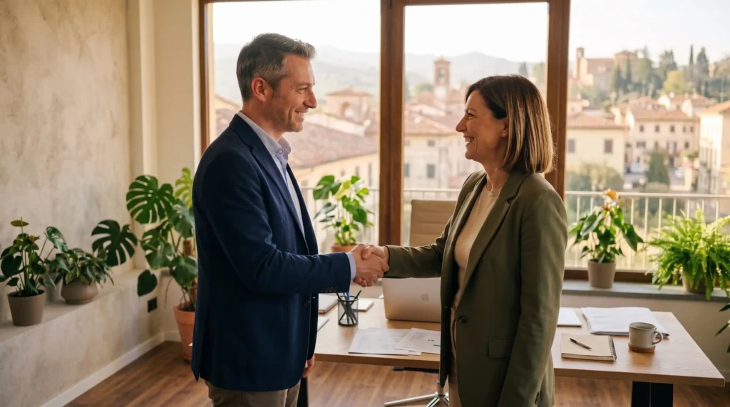 Stretta di mano tra futuro affiliato e responsabile rete per l'apertura di un centro Sostegno Famiglia