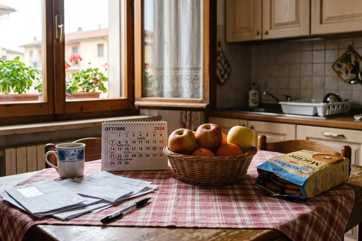 Cucina domestica con bollette e calendario, segnali di vita quotidiana